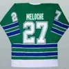 27 Gilles Meloche 1970'ler Kaliforniya Altın Seals 7 Reggie Leach Vintage Jersey Dikişli Beyaz Mavi Yeşil Sarı Alternatif Jersey