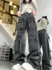 Kvinnors jeans 2024 Cyber ​​Y2K Streetwear Gray Distressed Baggy Cargo Pants for Women flera fickor bred ben Hip Hop Lady Old Trousers