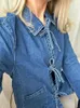 Fashion Denim Lace Up Bow Tops pour les femmes Poches causales à manches longues Blouse lâche Spring Chic Femme Streetwear 240416