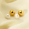 Stud Earrings Trendy 16k Gold Plated Stainless Steel Front Back White Pearl Button Double Ball Earring For Women Jewelry