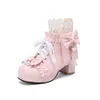 Stövlar 2024 Lolita Style Sweet Lace Edge Belt Buckle Bow Kort för flickor Cross-bundna Ruffles Party Princess Shoes 7 8 12 14 16 18