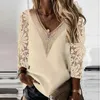 Blouzen voor damesoverhemden vrouwen tops elegant lange slve blouse veer v-hals stiksel hol uit kanten chiffon shirt casual losse kleding blusas 25948 y240426