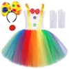 Traje de palhaço do arco -íris para meninas, brincalhão, vestido de halloween tutu para crianças, roupa de festa de aniversário, roupas de criança, roupas de criança 240429