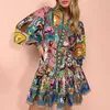 Casual Dresses Printed Mini Dress Women Single Breasted Long Lantern Sleeve High midja Elegant Female Fashion Autumn Stand Ruffled Hem