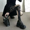 Kadınlar Siyah Fishnet lolita külotlu çorap gotik punk harajuku düzensiz yırtık delikler örgü tayt çiçek jakard seksi dantel çorap