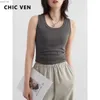 Women's Tanks Camis CHIC VEN Womens Tank New Solid Color Three way U-neck Pleated Tank Top Suspension Sleeveless Ultra Thin Womens Top Spring/Summer 2024L240429