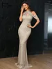 Party Dresses Missord Rose Gold Sequin Evening Women Elegant High Collar Raglan Sleeve Cut-Out Bodycon Maxi Dress Long Prom Gown
