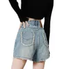 Zomerdenims shorts, dameshoog taille losse en afslanke hete kleine A-lijn broek, gegolfde rechte beenbroek gegolfd