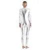 Scene Wear Womens Metallic Jumpsuit Ballet Gymnastics Leotard High Neck Unitard Slim-Fit Full Romper långärmad bodysuit Catsuit Dancewear