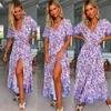 Boho Inspired Lilac Floral Maxi Dress V-Neck Rayon Purple Boho Dress Casual Spring Summer Jurk voor vrouwen Chic Lange Jurk 240416