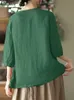 Koszulki bluzki damskiej Zanzea Spring Casual Strt Shirt Woman 3/4 Slve O-Neck Bluzka moda Solid Tunika Eleganckie kieszenie boczne Blusas Mjer 2024 Y240426