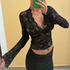 Hirigin Elegant Lace Sheer T-shirt Sexy V Neck Flar La Vared Long Sleeve Slim Fit Tees Fairy Coquette Y2K Women Vintage Crop Top Clade 240416