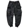 Calça masculina unissex multi-bol bolsa elástica na cintura macacão roupas harajuku hiphop streetwear fita leggings calças de moletom