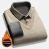 Herrtröjor män mjuk tröja medelålders randig knapp med plysch värme elastisk pullover design för höstvinter