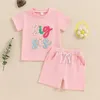 Kledingsets Baby Girl 2pcs Zomeroutfits Korte mouwbrief Borduurwerk Tops Shorts Set grote zusterkleding