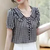 Women's Blouses Shirts Women Summer Style Striped Printed Blouses Shirts Lady Casual Short Puff Slve Peter Pan Collar Blusas Tops TT2536 Y240426
