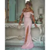 Mermaid roze spleet prom -jurken pailletten kant van de schouderbanden vloerlengte op maat gemaakte ruches avondfeestjurken Vestidos formele ocn slijtage plus maat