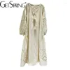 Casual Dresses Women Dress 2024 Summer Retro Holiday Embroidered Linen O Neck Puff Sleeve Lace Up Loose Long A-Line