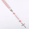 Colliers pendentifs Collier de chapelet rose 6 mm pour femmes Berles de verre rose Crucifix croix inri hommes prière religieuse bijoux longs