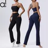 AL Yoga Suit Sports Bra+Leggings para mujeres para mujeres Femenina Fitness Run Train que absorbe las correas delgadas de hombro delgados recolectados Micro pantalones con bolsillo con bolsillos