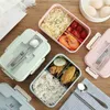 Bento Boxes صندوق الغداء الساخن مع ملعقة القش المناديل لتخزين الطعام حاوية الأطفال Microwave Q240427