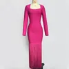 Hot Pink Women Ladies Bandage Elegant Tassel Dresses Long Sleeve Bodycon Long Dress Wholesale Free Ship HL3115