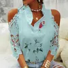 女性用ブラウスシャツ夏の女性ストラップレストップカジュアルセクシーな中空の花印刷レディースシャツエレガントVネックショートスベレースシャツブルー19361 Y240426