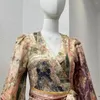 Casual Dresses Collection Top Quality Linen Pink Floral Printing Barock Lantern Sleeve Mini Self-Tie Vintage Women Wrap