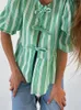 Bluzki damskie przednie krawatowe koszule 2024 Summer Puff Sleeve Stripe Topss i jesienne eleganckie streetwear