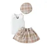 Kläderuppsättningar Suefunskry Little Girls Summer 3 Piece Outfits White Sleeveless Ribbed Tank Topps Plaid kjol Basket Set