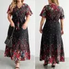 Vrouwen zomerjurk bloem print korte mouw aline kant -up gordel strakke taille plus size enkel lengte v nek party prom lady max 240422