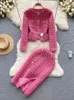 Rose-różowy garnitur damski moda swobodna kurtka średnia spódnica lekka luksusowy mały zapach dwuczęściowy zestaw 240425