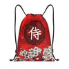 Aufbewahrungstaschen japanische Samurai Draw String Rucksack Sports -Fitness -Tasche für Frauen Männer Kirschblüte Training Sackpack