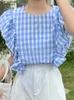 Blouses voor vrouwen shirts zanzea casual plaid blusas zomer ruches stiksels sluppelige vrouwen blouses checked o nek elegante Koreaanse mode shirts tops y240426