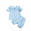 Pajamas Girls Sleepwear Clothes Sets Summer 2pcs Plaid Suits for Kids Homewear Ruffle Collar Shirt and Shorts ldren Pajamas Clothing H240509