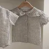 Kids Shirts 2024 Summer Baby Clothes Lace Collar Slid Shirt Plaid Cotton Tops for Sisters and Brothers H240509