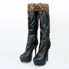 Stiefel Ashiofu handgefertigte klassische Damen Knie Round-Toe Sexy Club Party Plattform Leopard Fashion Winter Schuhe