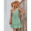 Summer New Women's 2024 Fashion Fresh Style Solid Color V-neck Sleeveless Lace Waist Wrap Dress F42939