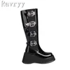 Boots Women Punk Gothic Classic Black Wedge Motorcycle High Heels Belt Buckle Platform Knight Boot Winter Warm Shoes