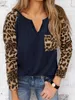 Frauenblusen Hemden Frauen Mode Leopard bedruckte T -Shirts Casual v Hals Voll long Slve Shirts Tops mit Taschen Ladies Basic Strick Top Y240426