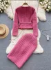 Traje de rosa rosa moda para mujer chaqueta casual placa de falda mediana luz de lujo tweed tweed set 240425