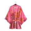 Boho Queens Women Floral Print Bat Sleeve Beach Bohemian Kimono Dresses Ladies V Neck Rayon Cotton Short Robe Kimono240416