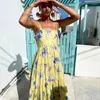 Casual klänningar monterade bodice söt maxi klänning för kvinnor gul blommig 2024 vår sommaren ärmlös fluga parti