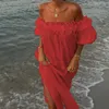 Femmes décontractées Solid Slit Long Robe Hawaii Sweet Ruffles One épaule Vocation Summer Coton à manches courtes Summer 240424
