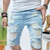 Sommar rippade shorts jeans mens hip-hop denim byxor stretch ljusblå mode smal rak manlig denim shorts 240428