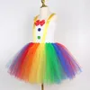 Traje de palhaço do arco -íris para meninas, brincalhão, vestido de halloween tutu para crianças, roupa de festa de aniversário, roupas de criança, roupas de criança 240429