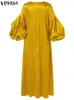 Vonda Elegant Satin Party Maxi Dress Femme Lantern Sleeve Send Dress Dress Casual Loose Vneck Bohemian Robe 240426