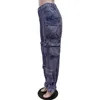 Botão de cintura alta elástica da moda voar jeans solteiros calças de aniversário mulheres calças de streetwear Multi 3D bolsos jeans 240425