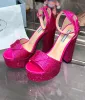 2024 Designerskie Sandały Sandały Buty 14 cm obcasy Kryształowe wkładki grube sandały podeszwowe Rose czerwone czarne srebrzyste kolory moreli butów butów butów duży rozmiar 35-42