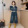 Zestawy odzieży Koreańska wiosenna jesień 3PCS Suit nastolatka dziewczyna pasiastka bluzy z kapturem dżinsowe dżinsy dżinsy dla dziewcząt 4-12 lat